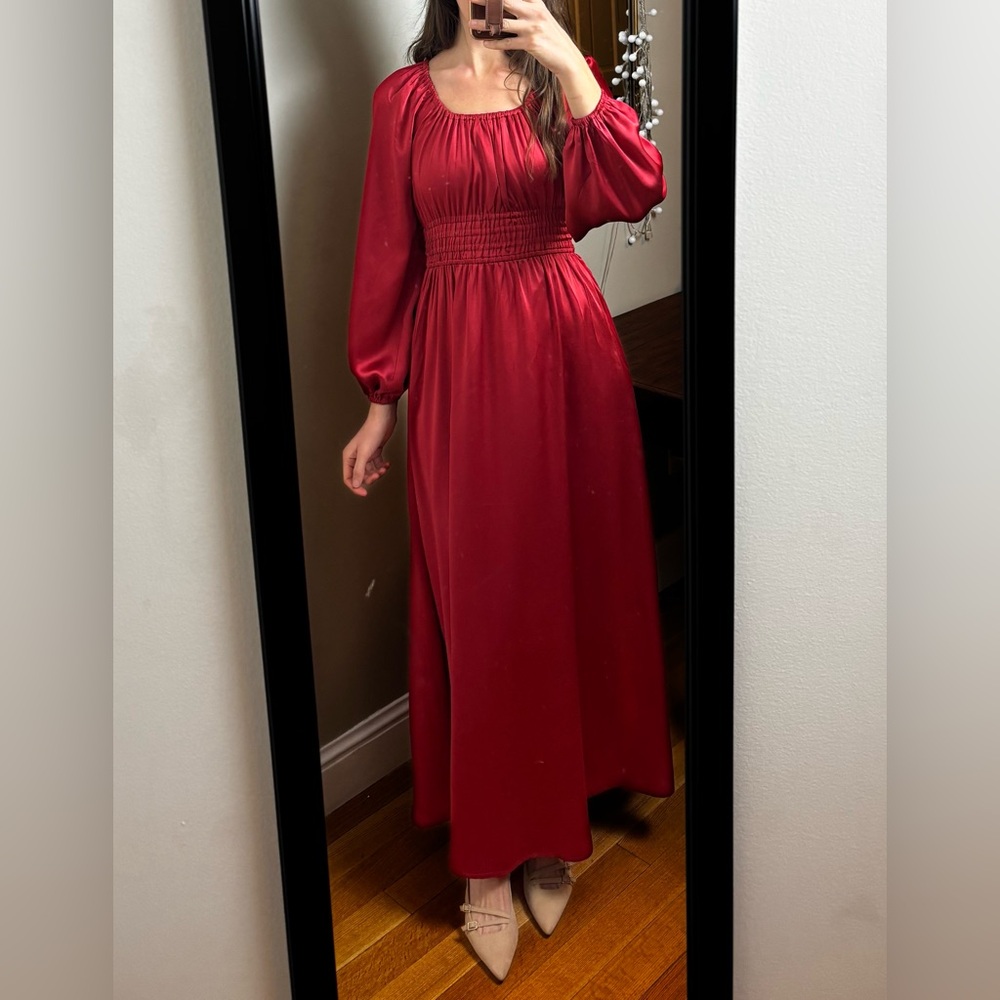 Handmade Silk charmeuse Brick Red Maxi Dress long sleeve scoop neck modest